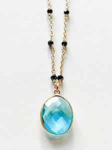 Blue Topaz Large Oval Pendant Necklace on Gold Chain with Black Onyx by Sage Machado - The Sage Lifestyle