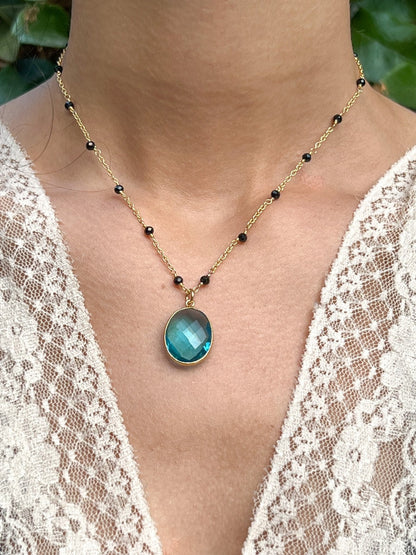 Blue Topaz Large Oval Pendant Necklace on Gold Chain with Black Onyx by Sage Machado - The Sage Lifestyle