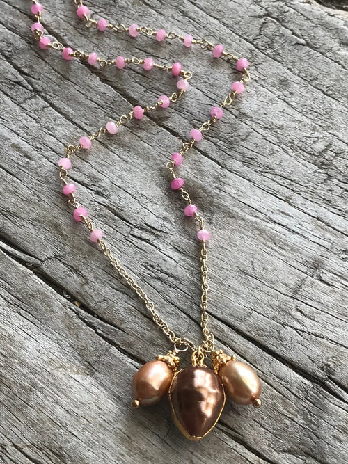 Bronze Fresh Water Pearl And Pink Quartz Necklace By Sage Machado, Bronze Pearl And Pink Quartz Gold Necklace - The Sage Lifestyle