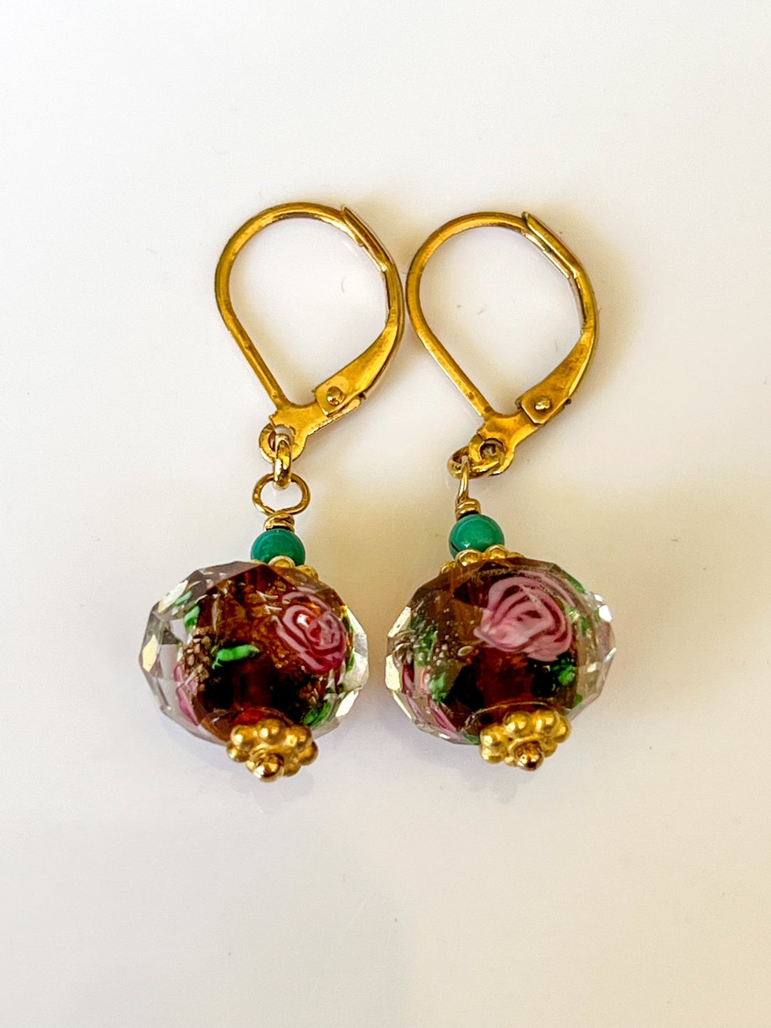 Brown Peking Glass Floral Gold Charm Earrings with Green Turquoise by Sage Machado - The Sage Lifestyle