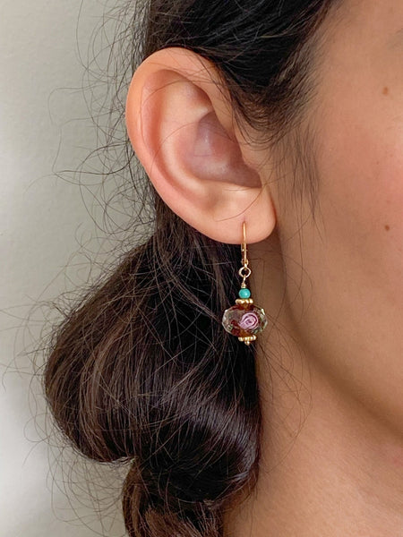 Brown Peking Glass Floral Gold Charm Earrings with Green Turquoise by Sage Machado - The Sage Lifestyle