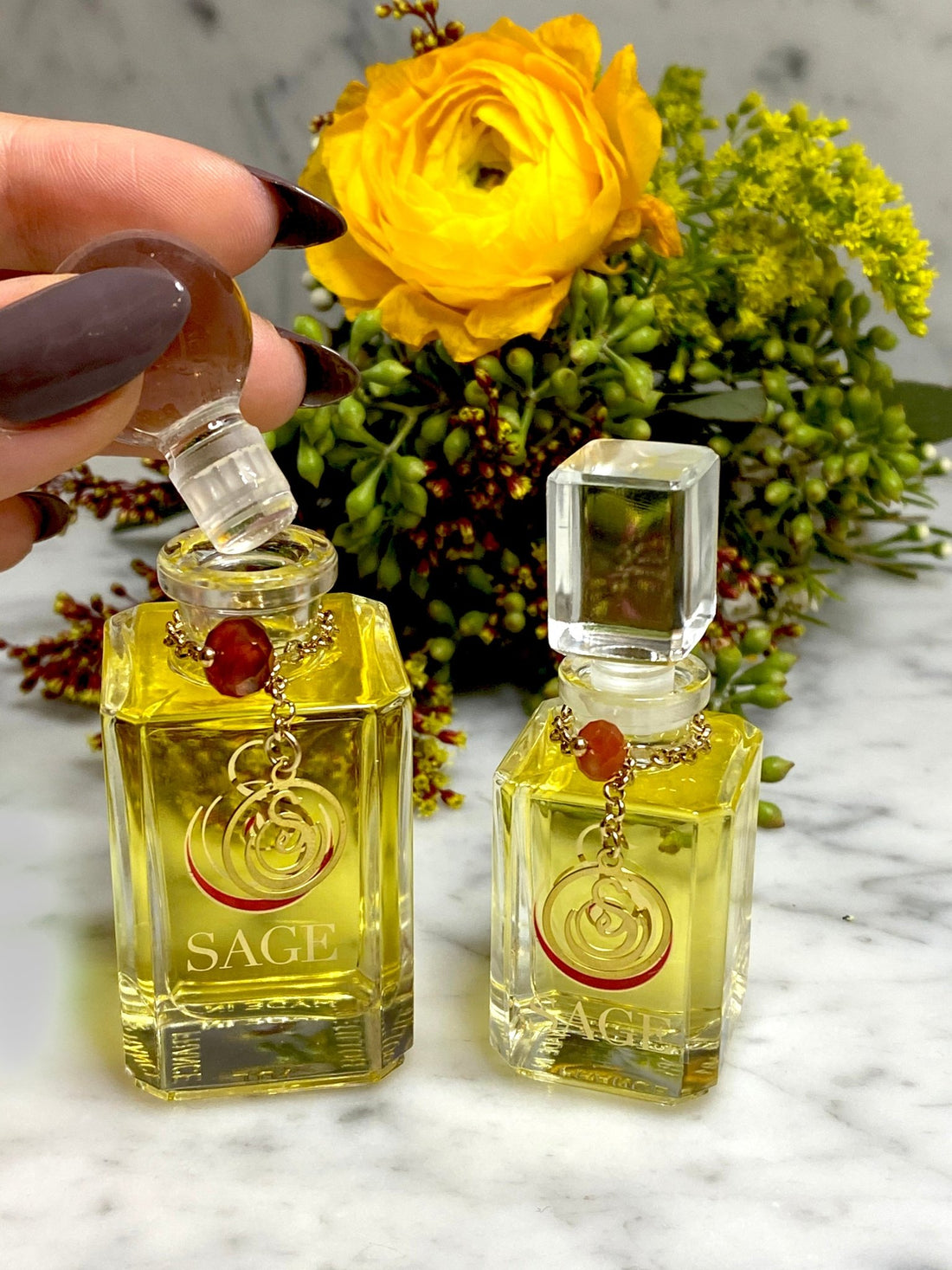 1/4 oz, 1/2 oz Sage Carnelian Perfume Oil Glass Vanity Bottles with gemstones, fruity, Unisex, Vegan, and Cruelty Free scent