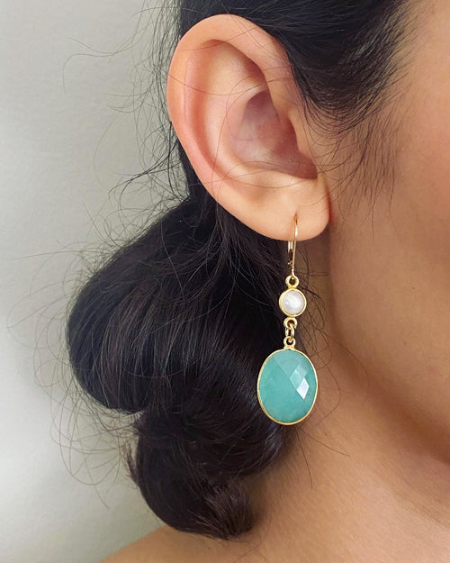 Chrysoprase Large Oval Drop Gold Earrings with Freshwater Pearls by Sage Machado - The Sage Lifestyle