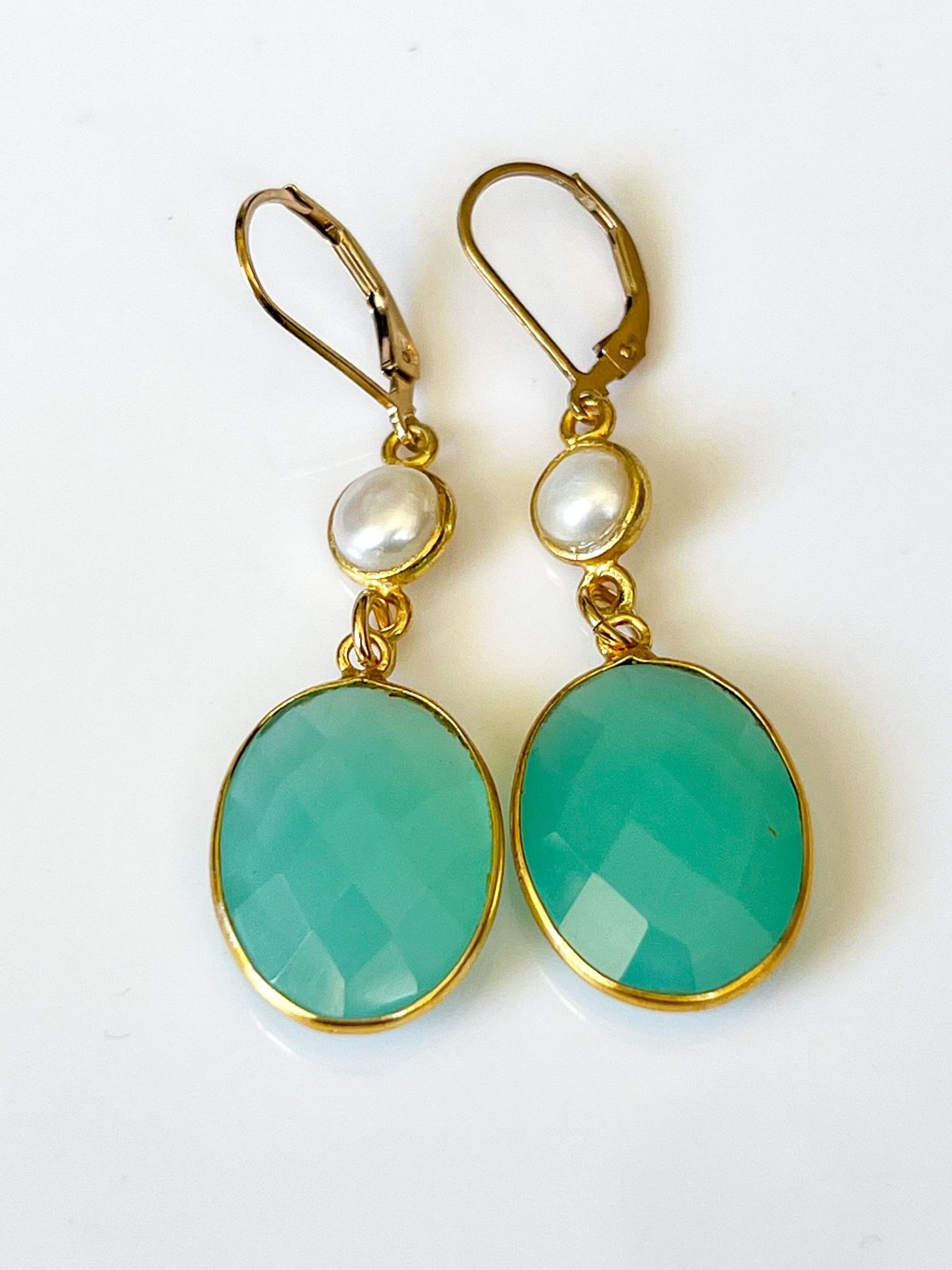 Chrysoprase Large Oval Drop Gold Earrings with Freshwater Pearls by Sage Machado - The Sage Lifestyle