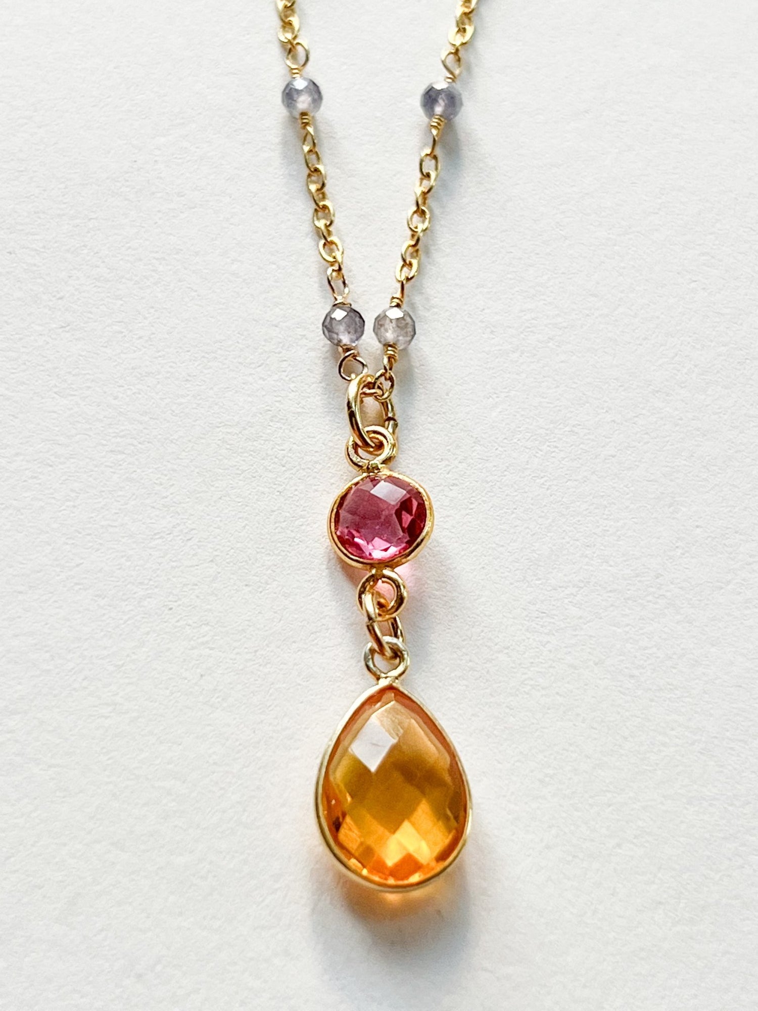 Citrine and Pink Hydro Quartz Double Drop Pear Shaped Pendant Necklace on Gold Chain with Iolite by Sage Machado - The Sage Lifestyle