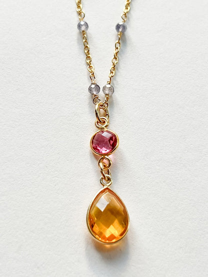 Citrine and Pink Hydro Quartz Double Drop Pear Shaped Pendant Necklace on Gold Chain with Iolite by Sage Machado - The Sage Lifestyle