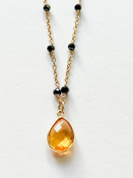 Citrine Teardrop Charm Necklace on Gold Chain with Black Onyx by Sage Machado - The Sage Lifestyle