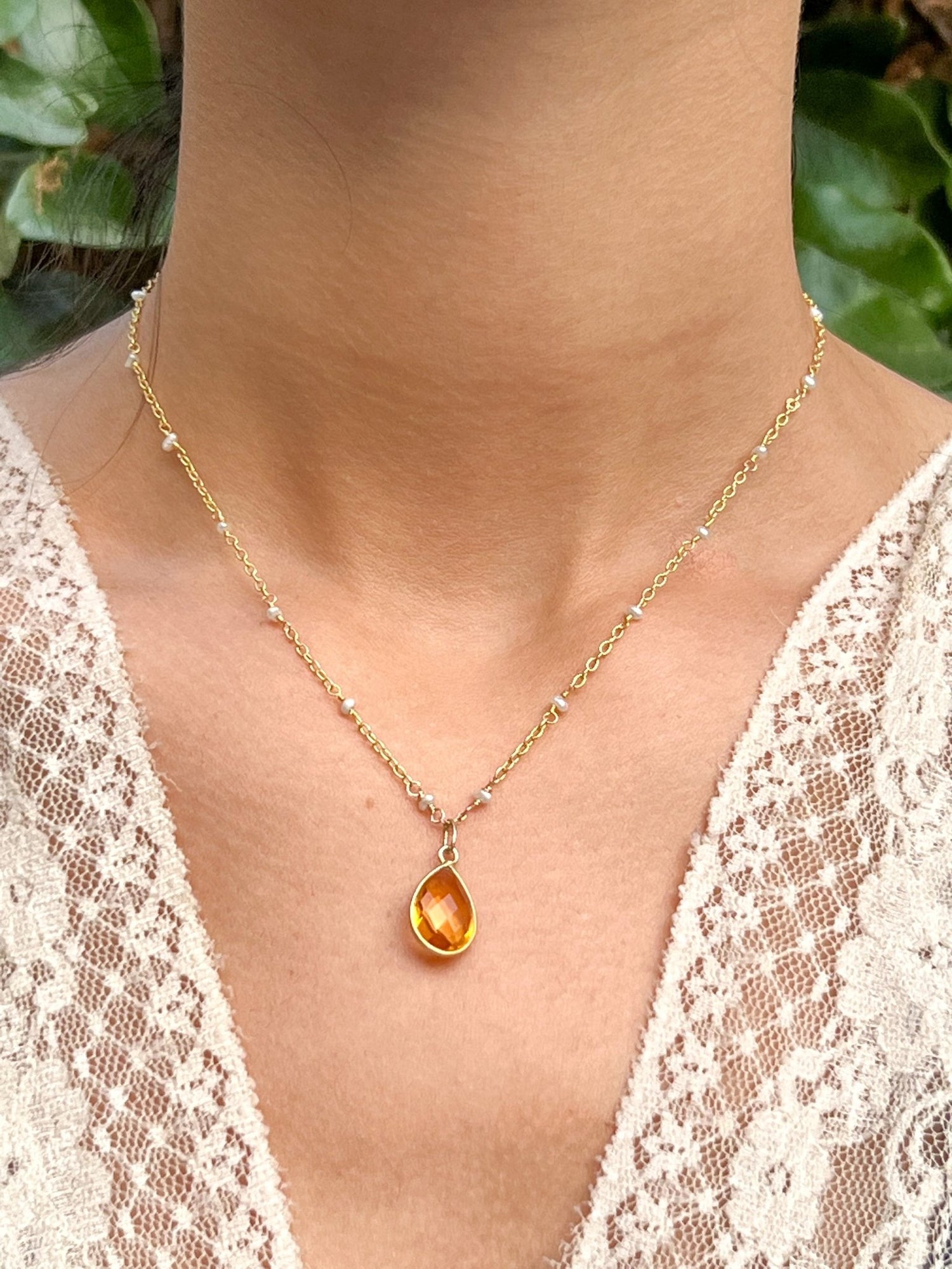 Citrine Teardrop Charm Necklace on Gold Chain with White Freshwater Pearls by Sage Machado - The Sage Lifestyle