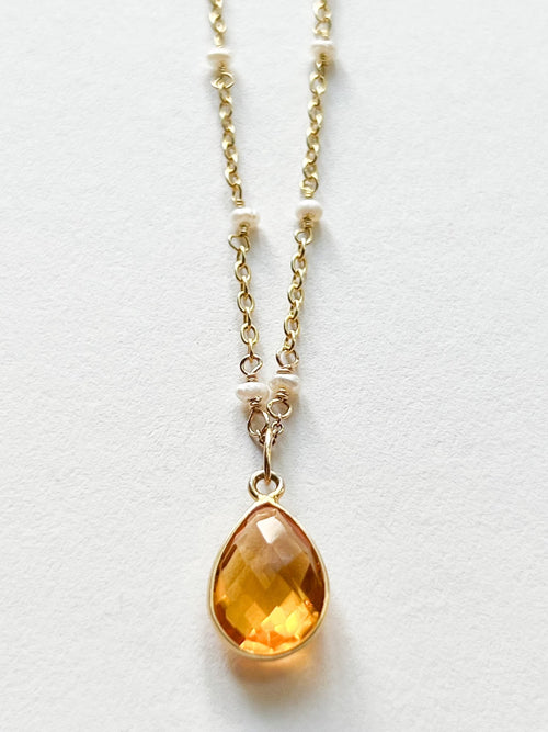 Citrine Teardrop Charm Necklace on Gold Chain with White Freshwater Pearls by Sage Machado - The Sage Lifestyle