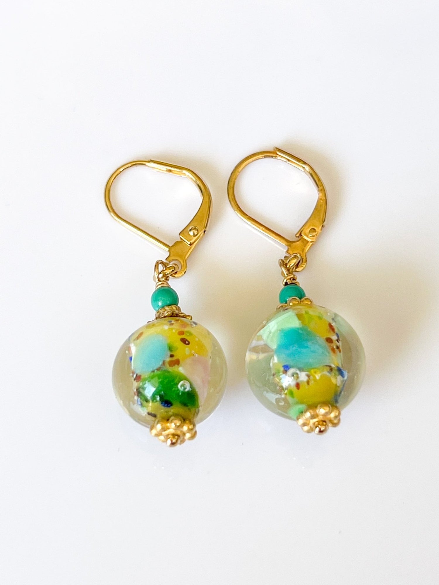 Confetti Peking Glass Floral Gold Charm Earrings with Green Turquoise by Sage Machado - The Sage Lifestyle