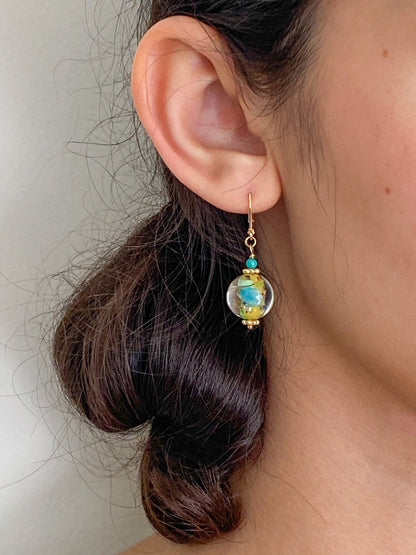 Confetti Peking Glass Floral Gold Charm Earrings with Green Turquoise by Sage Machado - The Sage Lifestyle