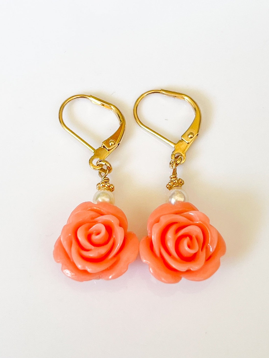 Coral Rose Peking Glass Gold Charm Earrings with Freshwater Pearls by Sage Machado - The Sage Lifestyle