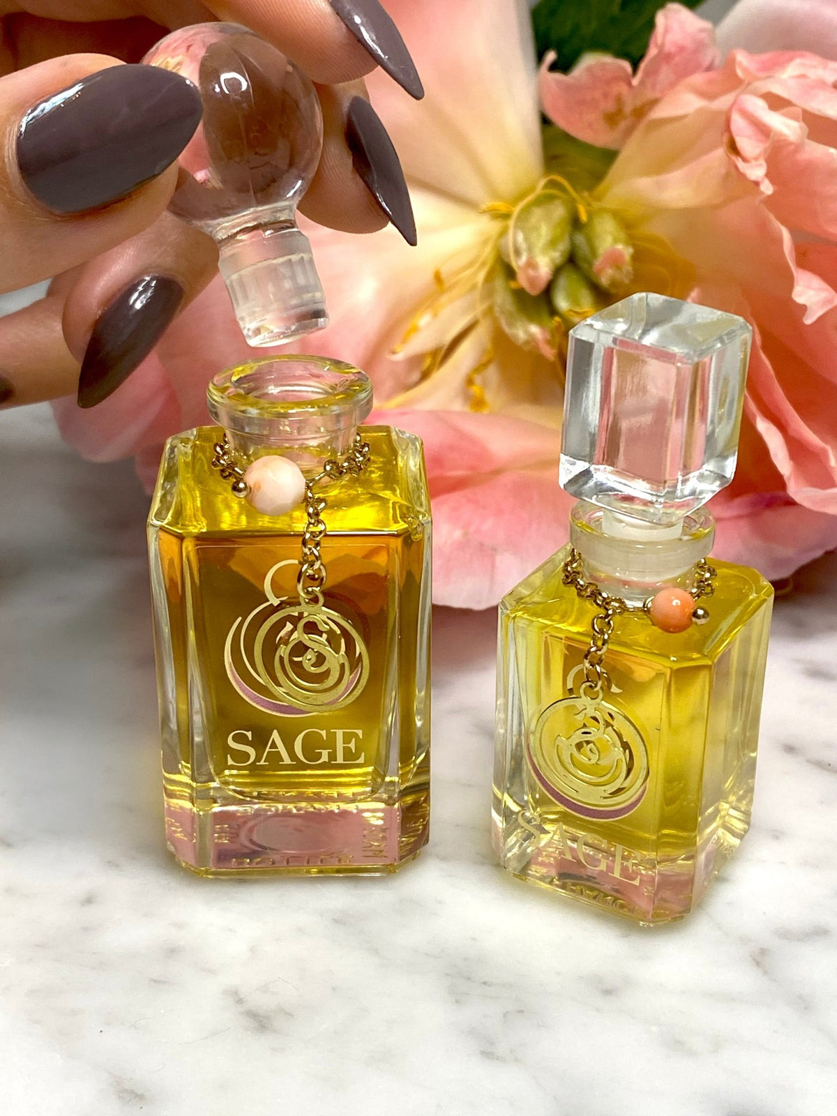 1/4 oz, 1/2 oz Sage Coral Perfume Oil Glass Vanity Bottles with gemstones, light floral, Gender Neutral, Vegan,  Cruelty Free