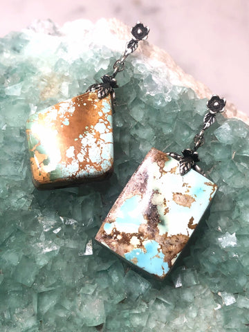 Diamond and Rectangle Vintage Arizona Turquoise Drops Earrings with Sterling Silver Flower Posts by Sage Machado - The Sage Lifestyle