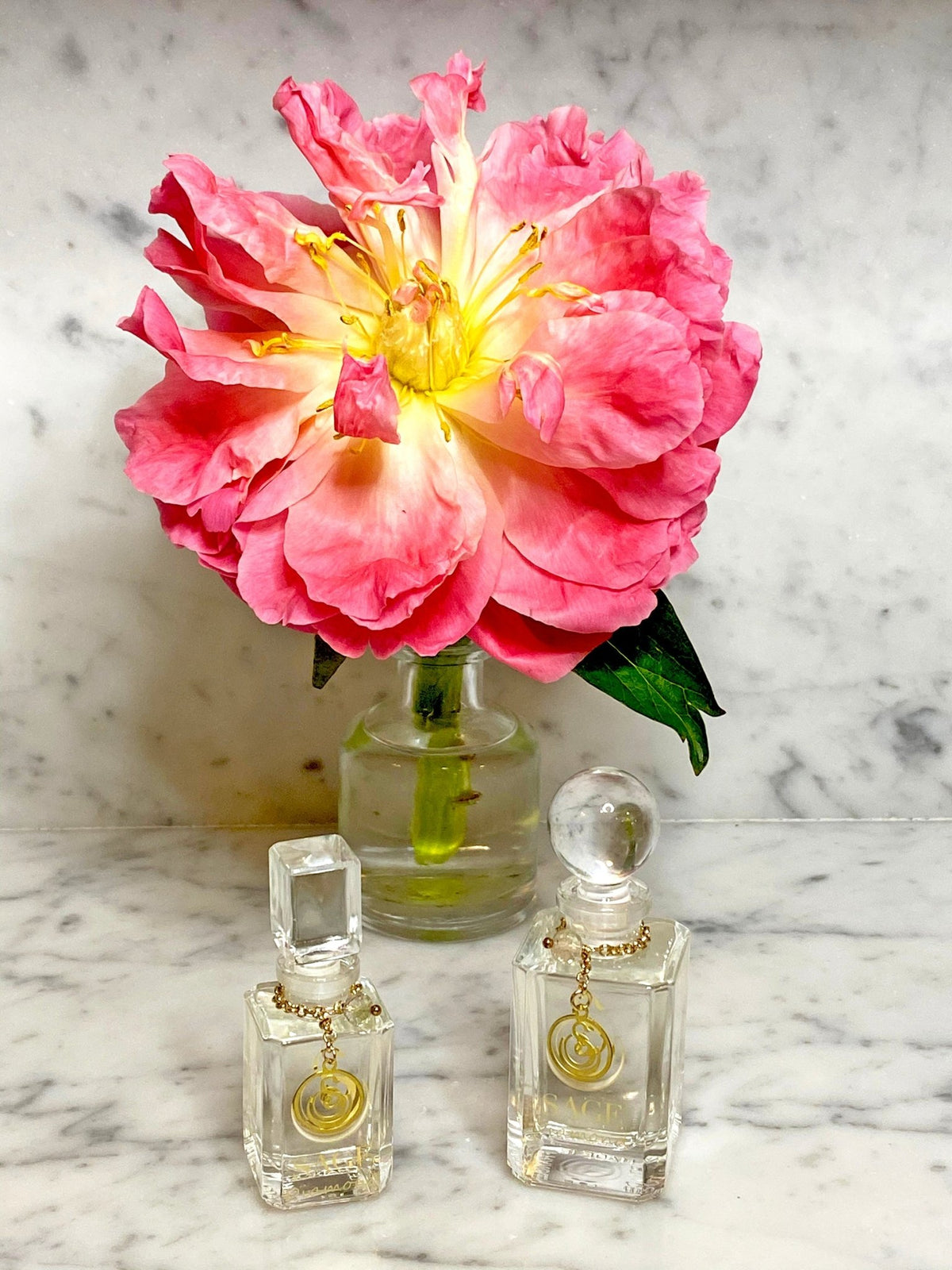 1/4 oz and 1/2 oz clear vanity perfume bottles with glass lids, Sage logo, petite necklace, side by side for comparison

