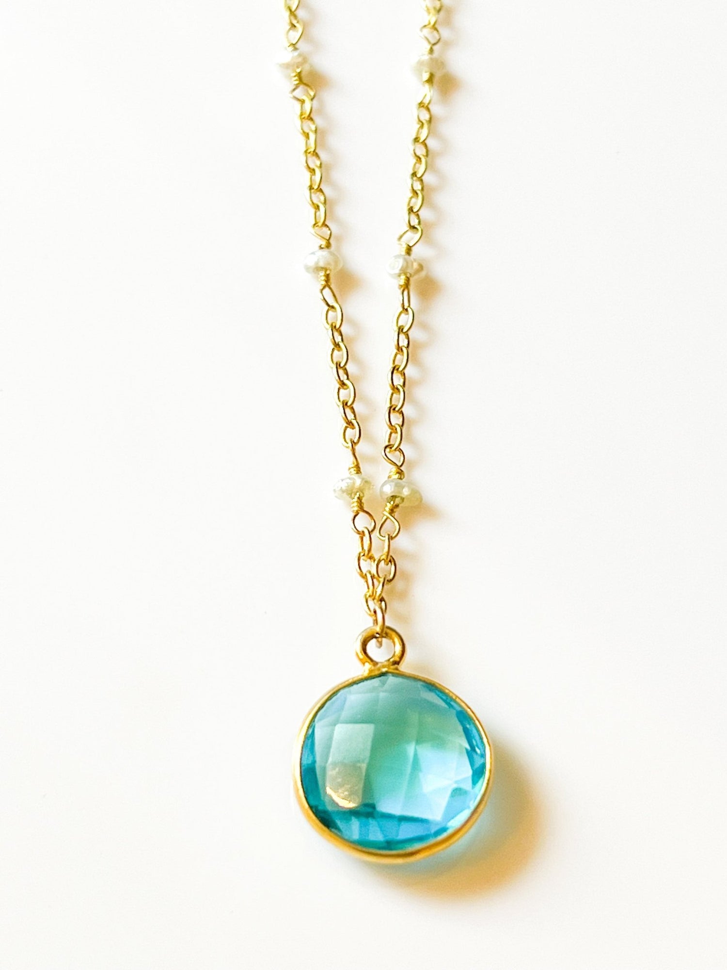 Electric Blue Topaz Charm Drop Necklace on Gold Chain with Freshwater Pearls by Sage Machado - The Sage Lifestyle