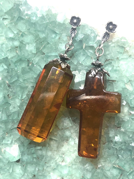 Faceted Baltic Amber Cylinder and Cross Drop Earrings with Sterling Silver Flower Posts by Sage Machado - The Sage Lifestyle