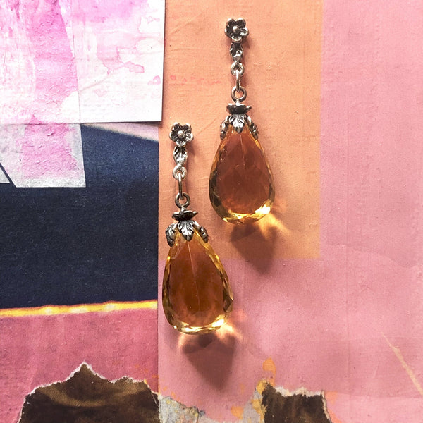 Faceted Citrine Teardrop Earrings with Sterling Silver Flower Posts by Sage Machado - The Sage Lifestyle