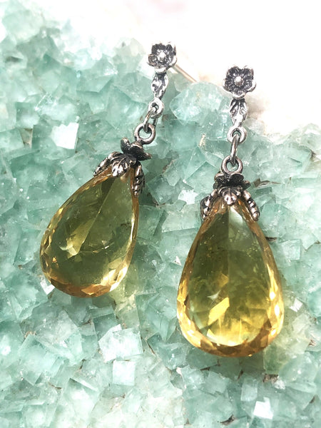 Faceted Citrine Teardrop Earrings with Sterling Silver Flower Posts by Sage Machado - The Sage Lifestyle