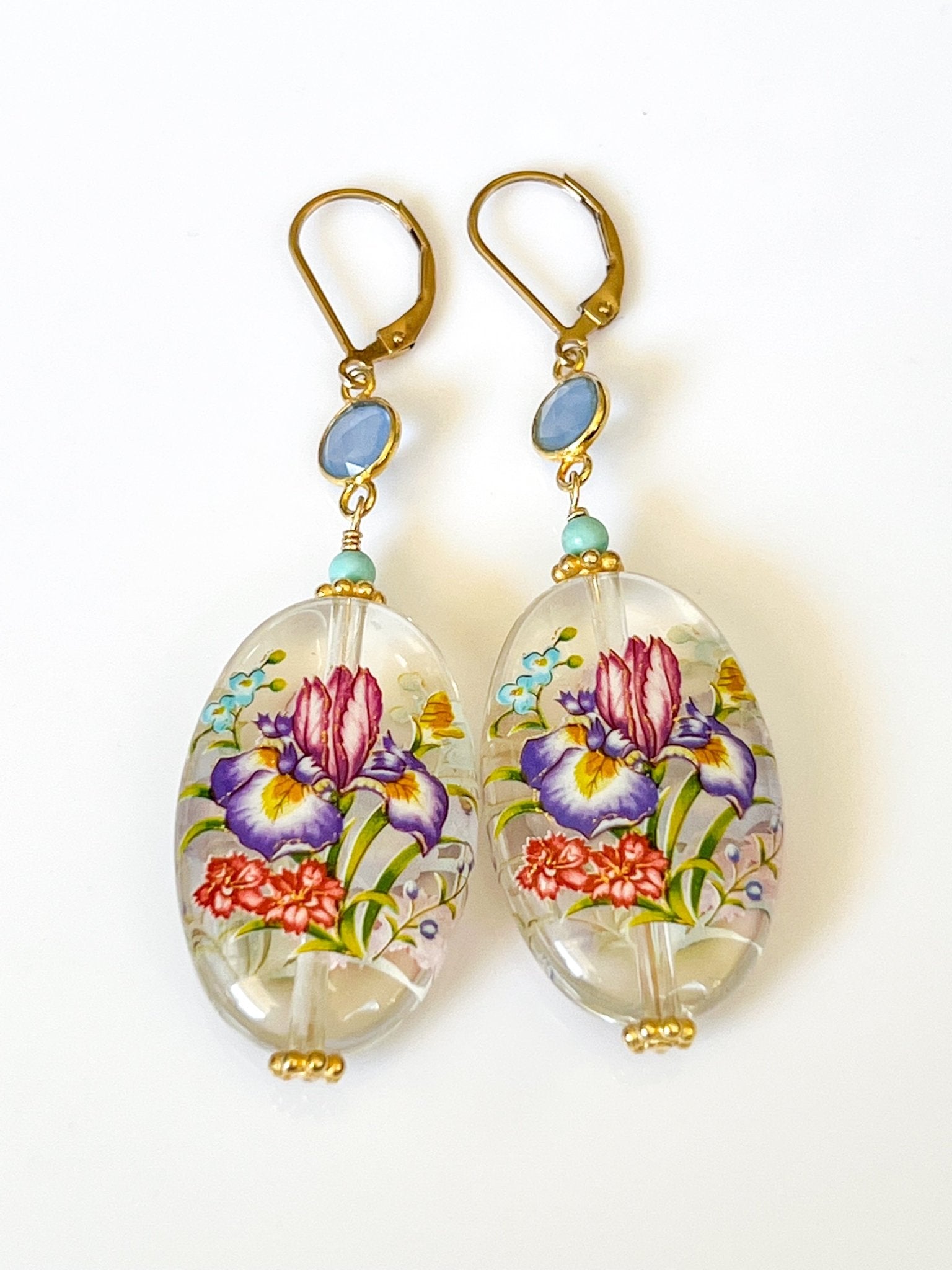 Floral Large Resin Oval Gold Drop Earrings with Blue Chalcedony and Turquoise by Sage Machado - The Sage Lifestyle
