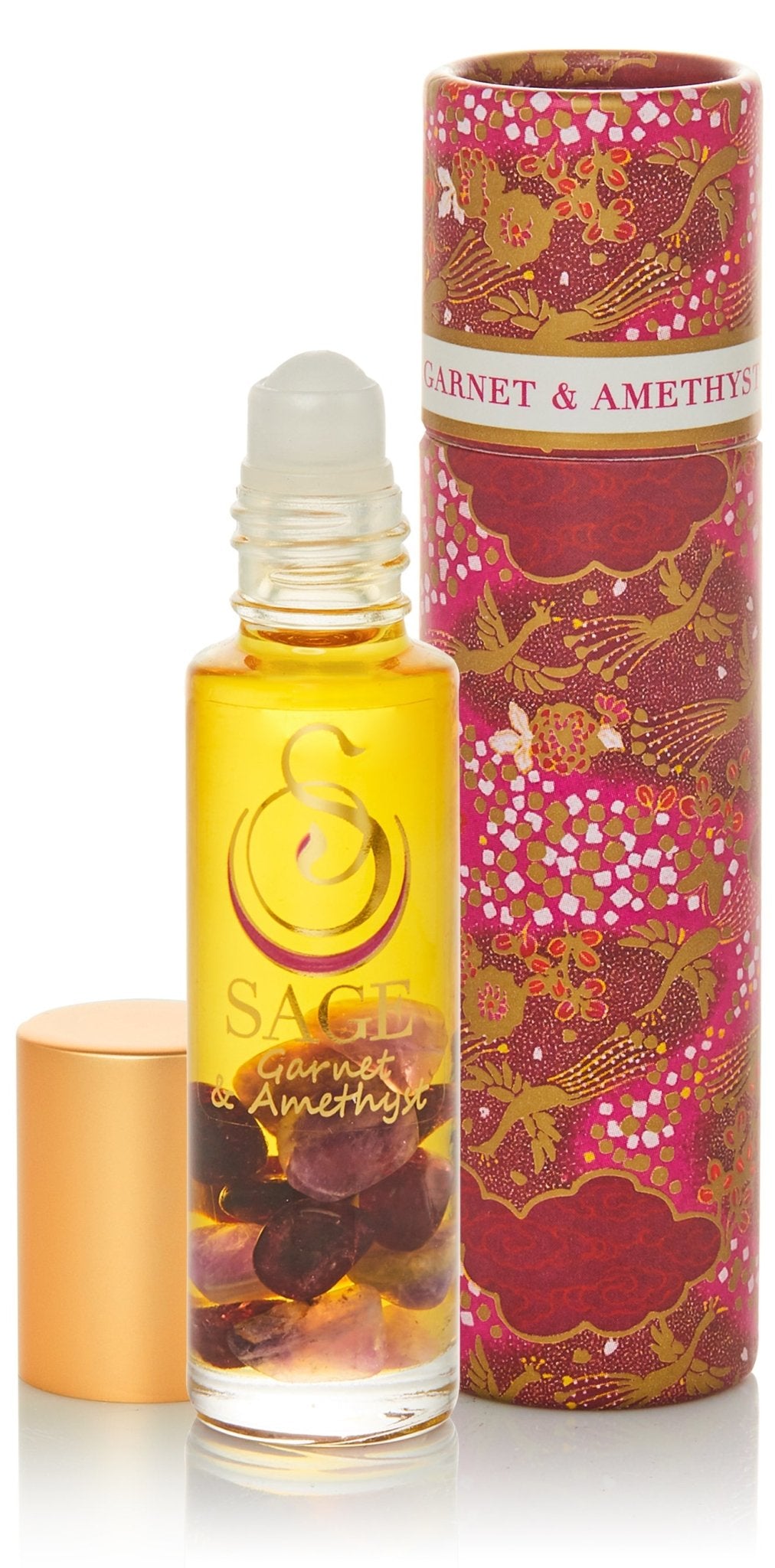 Sage 1/4 oz roll on Garnet and Amethyst Perfume Oil, with gemstones, reusable box, dark floral,Unisex, Vegan,Cruelty free scent