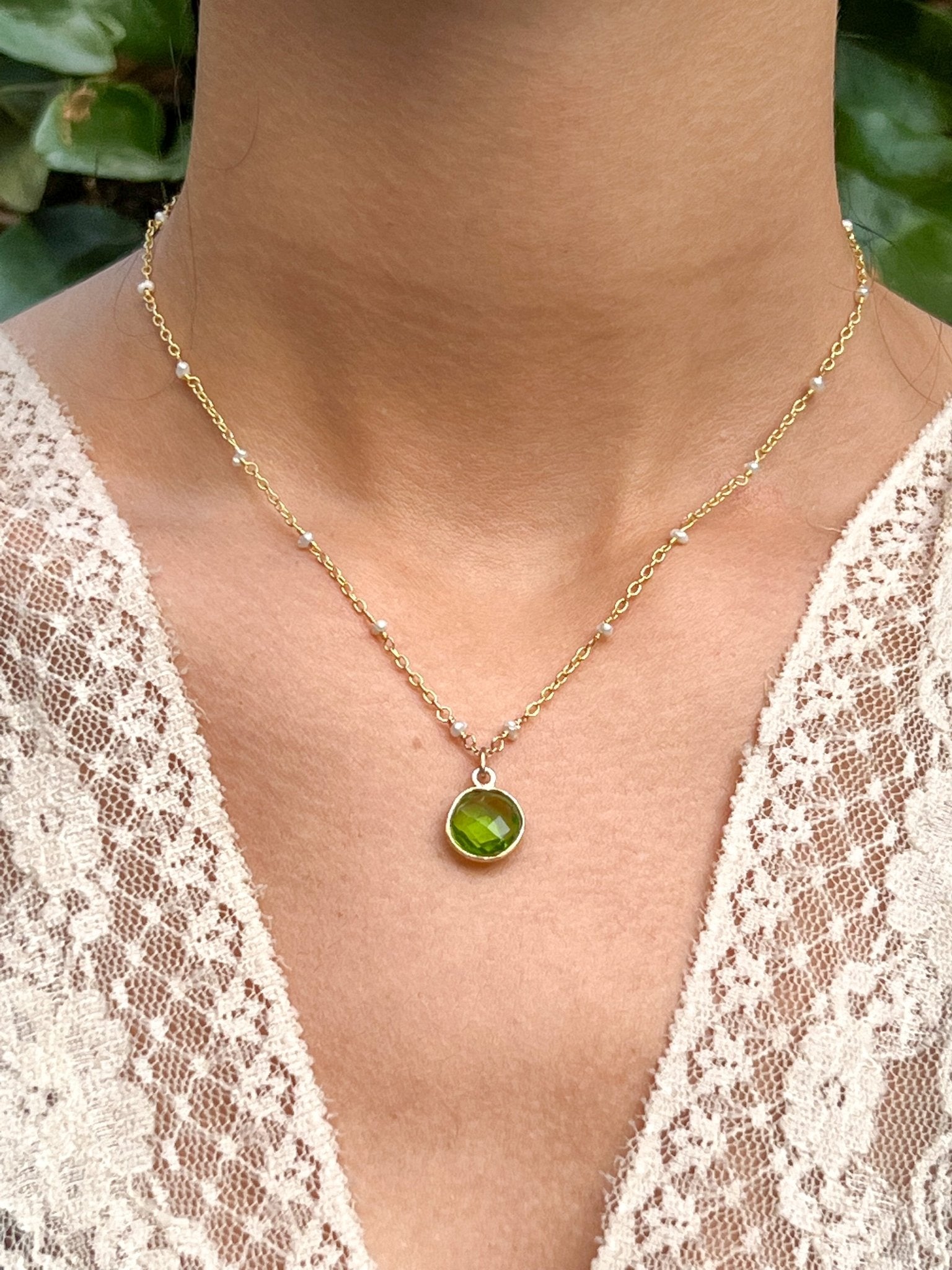 Green Hydro Quartz Round Charm Necklace on Gold Chain with White Freshwater Pearls by Sage Machado - The Sage Lifestyle