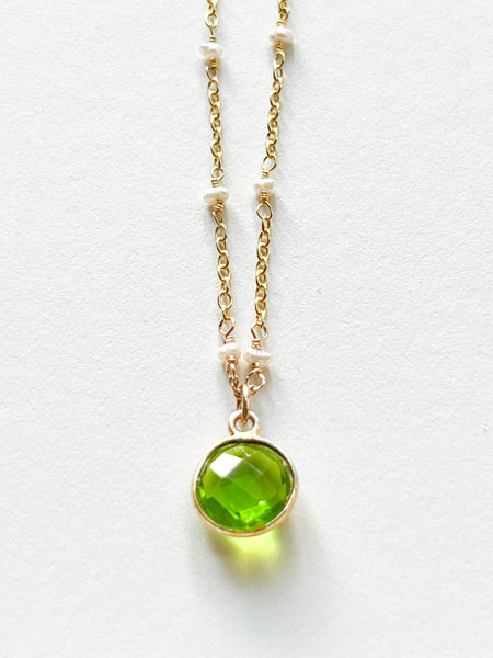 Green Hydro Quartz Round Charm Necklace on Gold Chain with White Freshwater Pearls by Sage Machado - The Sage Lifestyle