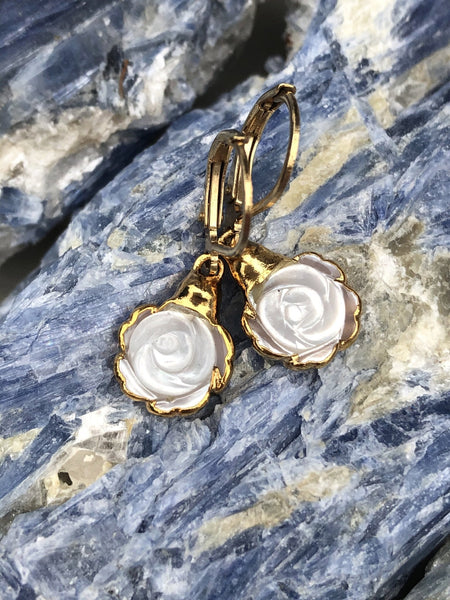 Hand-Carved Mini Mother of Pearl Rose Charm Gold Earrings by Sage