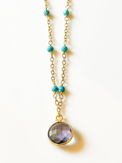 Indigo Hydro Quartz Charm Drop Necklace on Gold Chain with Arizona Turquoise by Sage Machado - The Sage Lifestyle