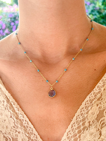 Indigo Hydro Quartz Charm Drop Necklace on Gold Chain with Arizona Turquoise by Sage Machado - The Sage Lifestyle
