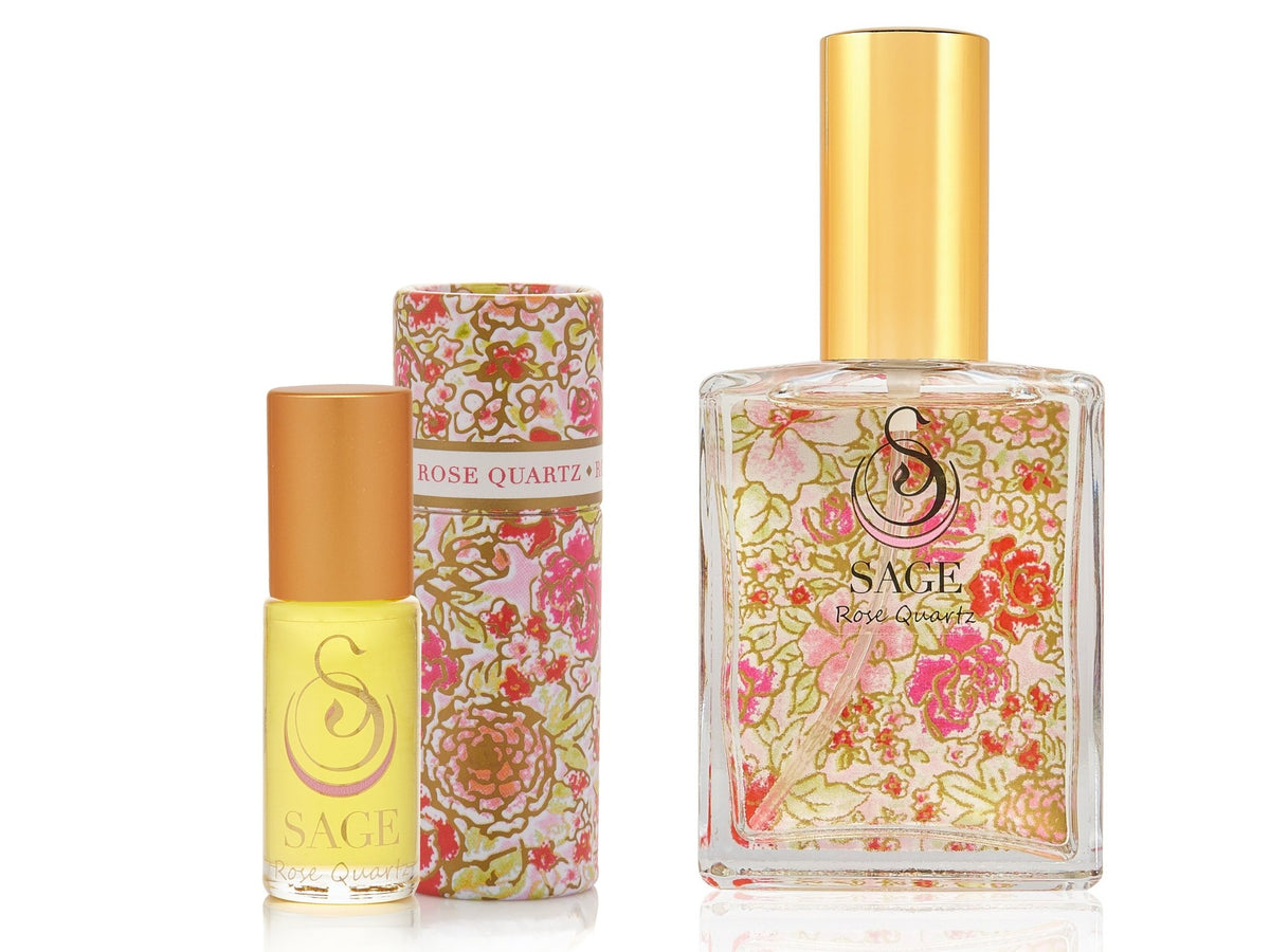 1/8 oz Rose Quartz perfume oil roll on, 2 oz Rose Quartz organic eau de toilette, floral, vegan,cruelty-free gift set