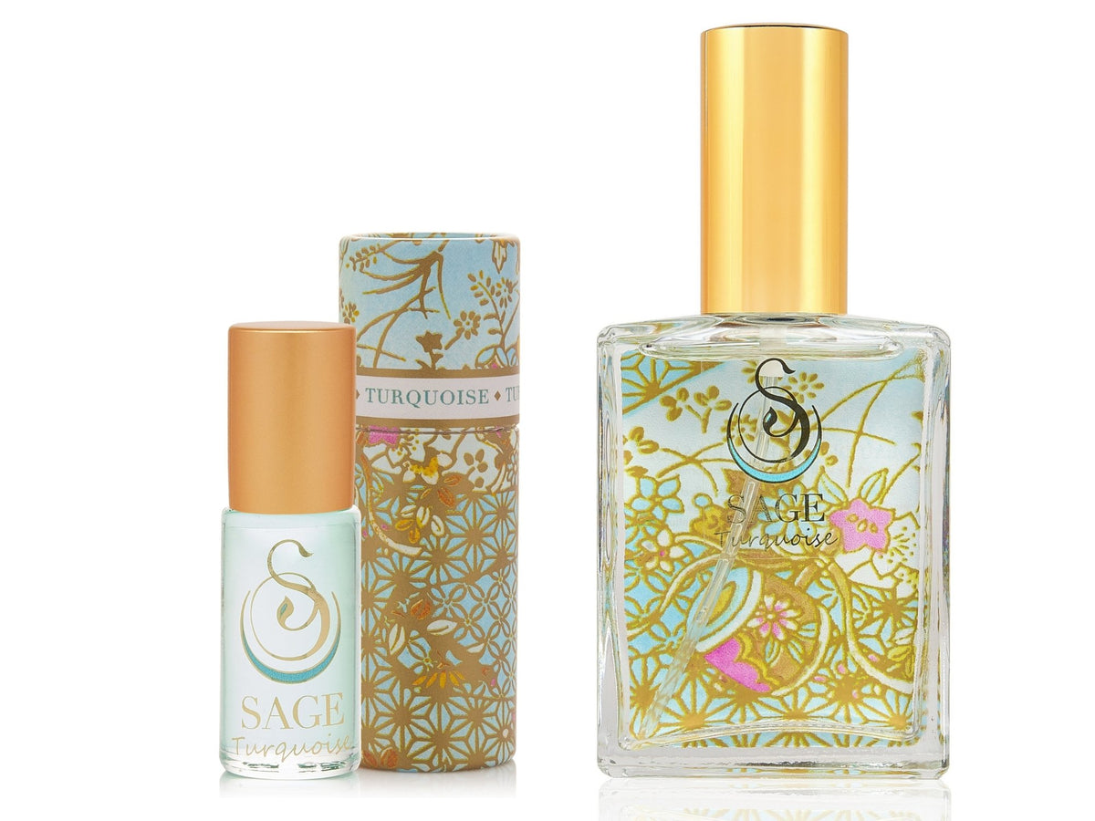 1/8 oz Turquoise perfume oil roll on, 2 oz Turquoise organic eau de toilette, marine vegan, cruelty-free fragrance gift set