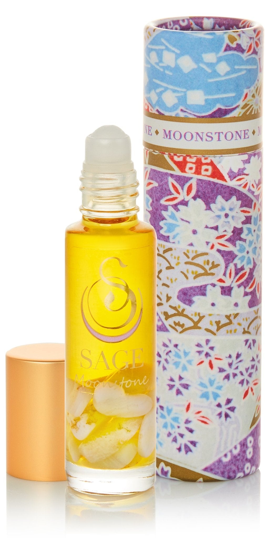 1/4 oz roll on Sage Moonstone Perfume Oil with gemstones in reusable box, light floral, gender neutral scent Vegan,Cruelty free 