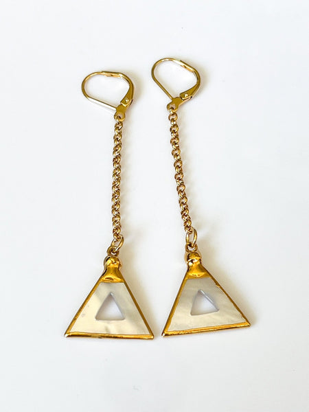 Mother of Pearl Triangle Long Drop Gold Earrings by Sage Machado - The Sage Lifestyle