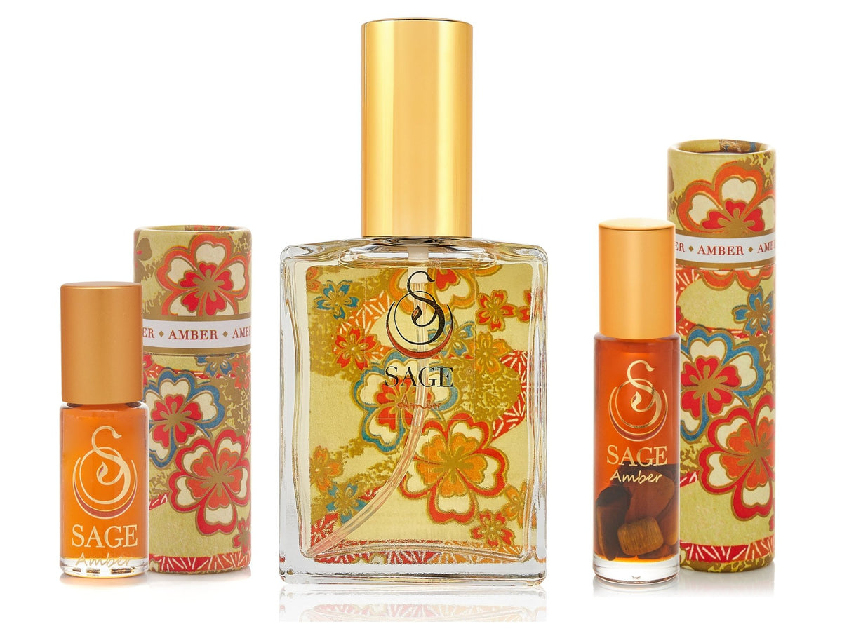 1/8 oz Amber perfume oil, 2 oz Amber organic eau de toilette, 1/4 oz roll-on with gemstones, vegan, gender-neutral gift set