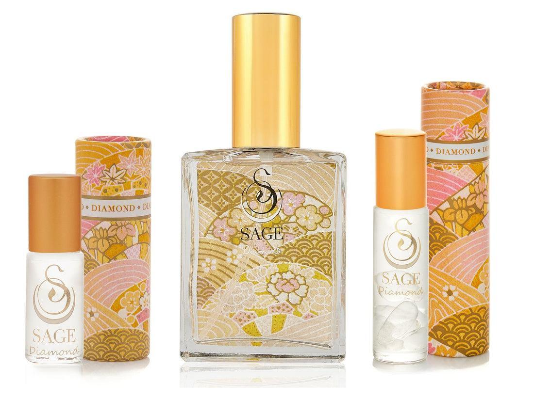 1/8 oz Diamond perfume oil, 2 oz Diamond organic eau de toilette, 1/4 oz roll-on with gemstones, vegan, cruelty-free gift set