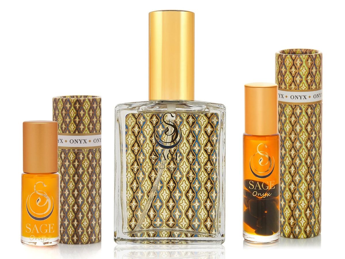 1/8 oz Onyx perfume oil, 2 oz Onyx organic eau de toilette, 1/4 oz roll-on with gemstones, vegan, gender-neutral gift set