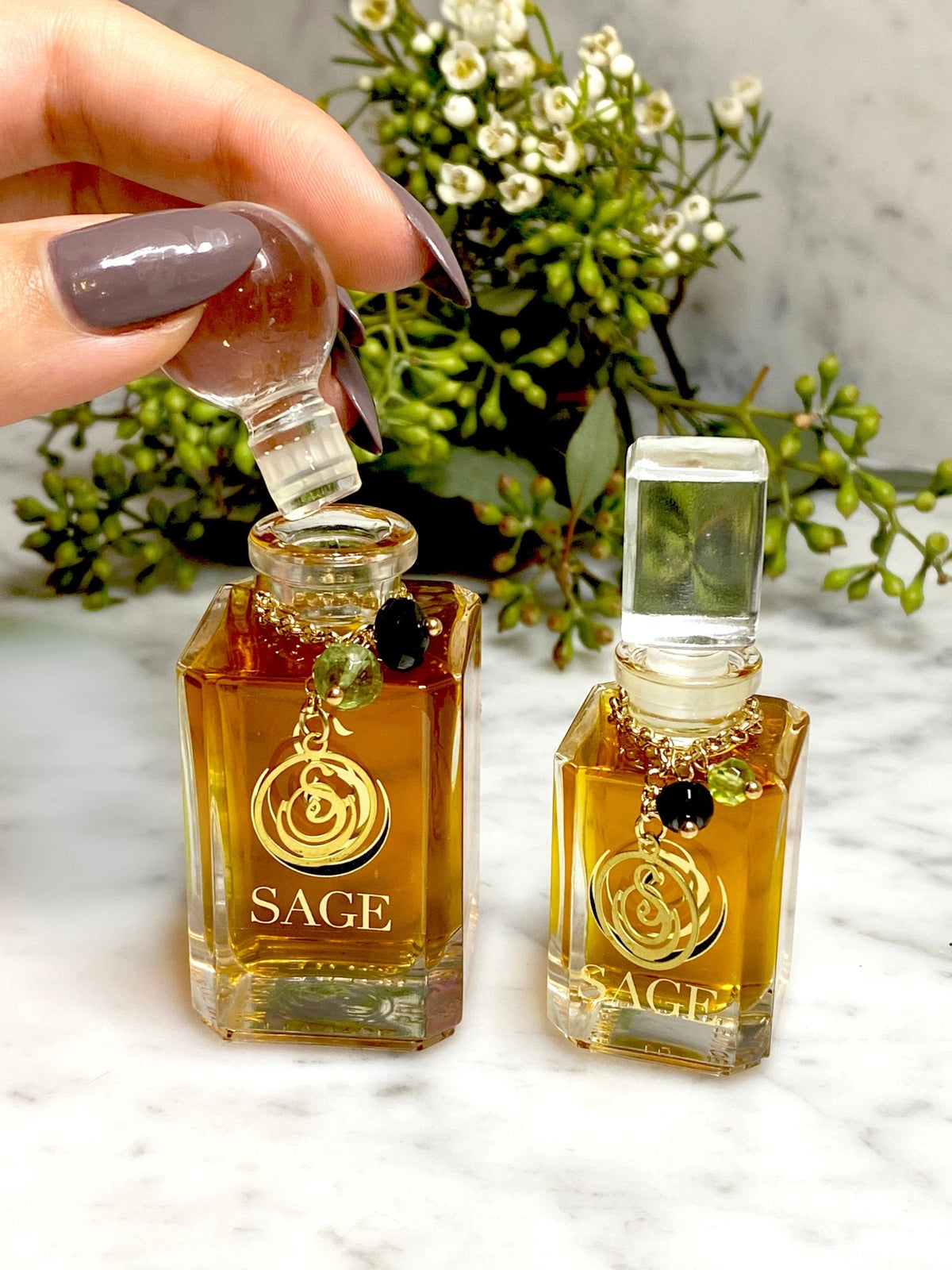 1/4 oz, 1/2 oz Sage Onyx Peridot  Perfume Oil Glass Vanity Bottles with gemstones, Earthy Gender Neutral Vegan, Cruelty Free