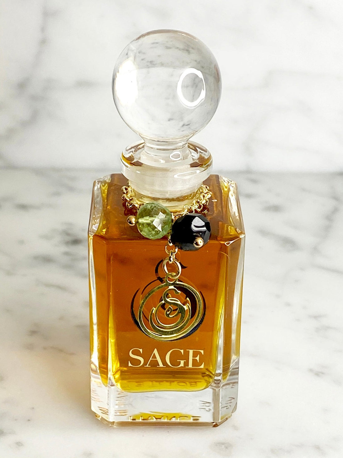 1/2 oz Sage Onyx Peridot  Perfume Oil Glass Vanity Bottle with gemstones, Earthy Gender Neutral Vegan, and Cruelty Free scent