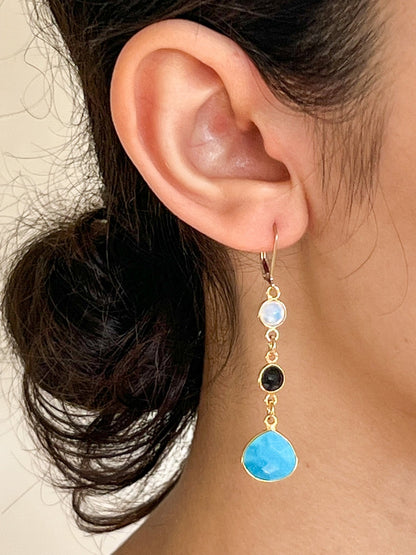 Opalite, Black Onyx, and Arizona Turquoise Triple Teardrop Charm Gold Earrings by Sage Machado - The Sage Lifestyle