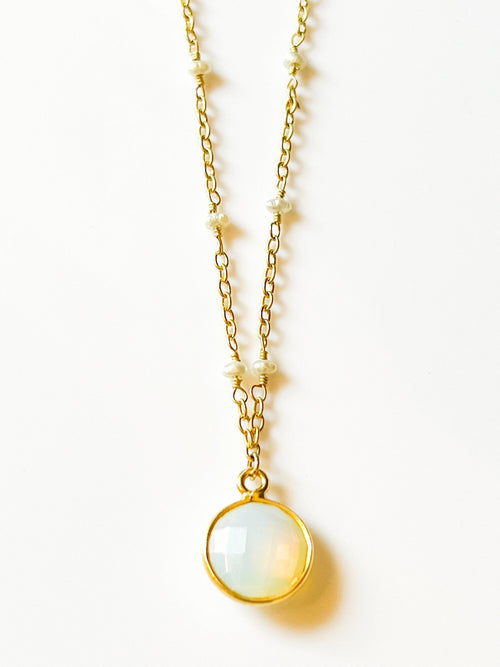Opalite Charm Drop Necklace on Gold Chain with Freshwater Pearls by Sage Machado - The Sage Lifestyle