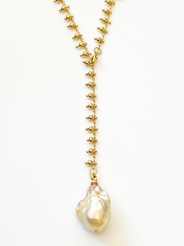 Peach Japanese Keshi Pearl Necklace on Gold Ball Charm Chain by Sage Machado - The Sage Lifestyle
