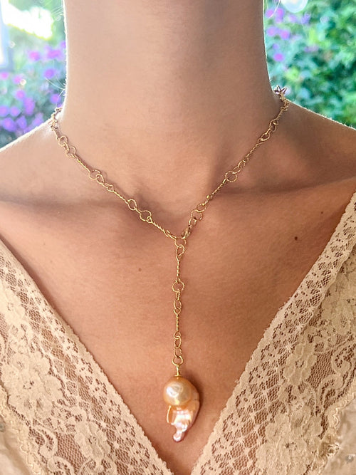 Peach Japanese Keshi Pearl Necklace on Gold Nautical Chain by Sage Machado - The Sage Lifestyle