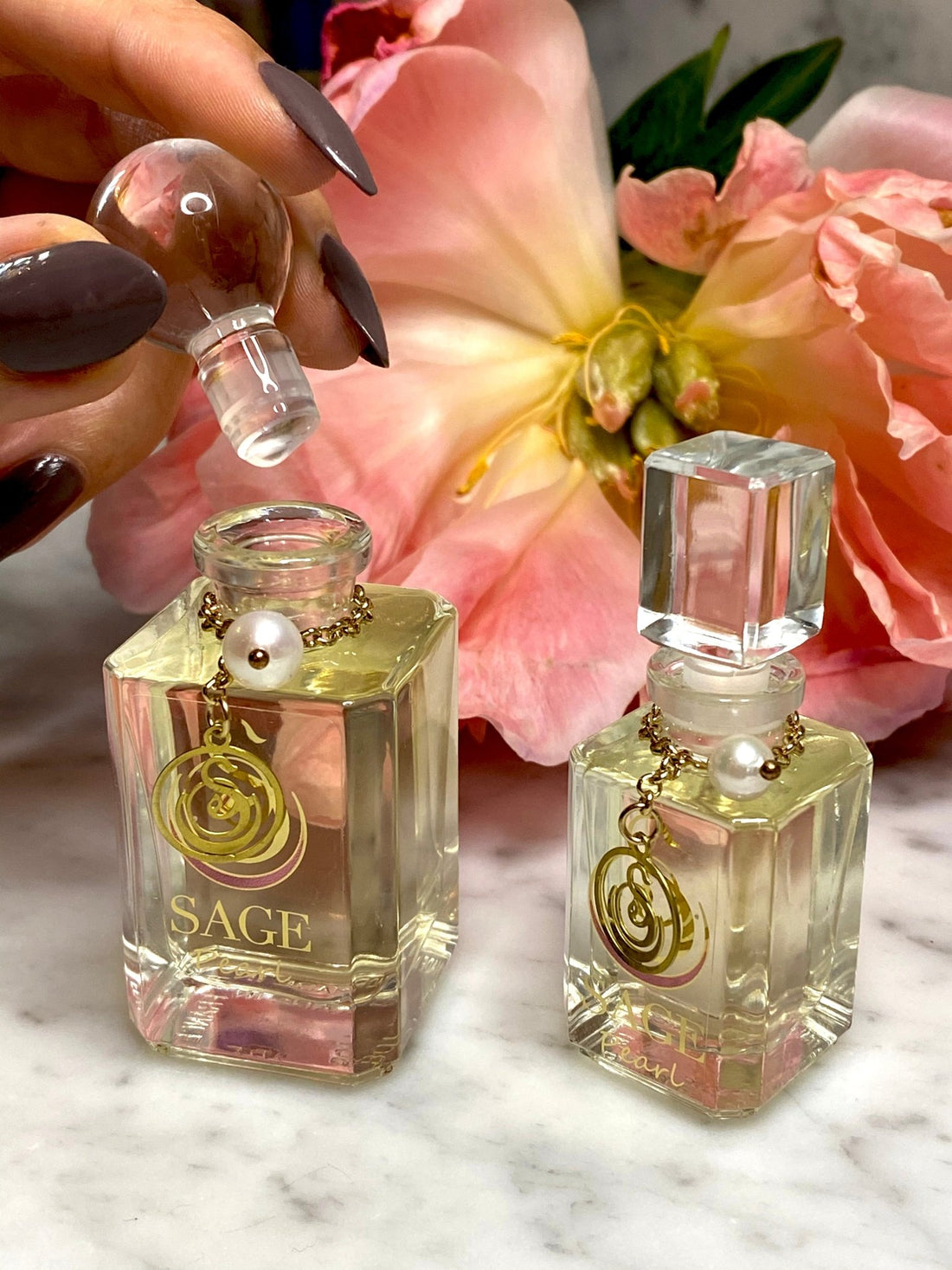 1/4 oz, 1/2 oz Sage Pearl Perfume Oil Glass Vanity Bottles with gemstones. Subtle, Gender Neutral, Vegan , Cruelty-free scents
