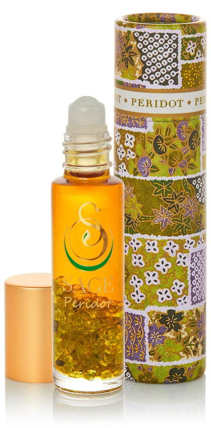 1/4 oz roll on Sage Peridot Perfume Oil with gemstones in reusable box, Subtle, Gender Neutral, Vegan, Cruelty free fragrance