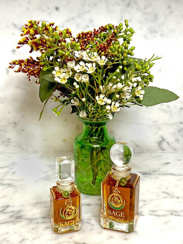 1/4 oz, 1/2 oz Sage Peridot Perfume Oil Vanity Bottles with gemstones, fresh, fruity, Gender Neutral, Vegan, Cruelty Free