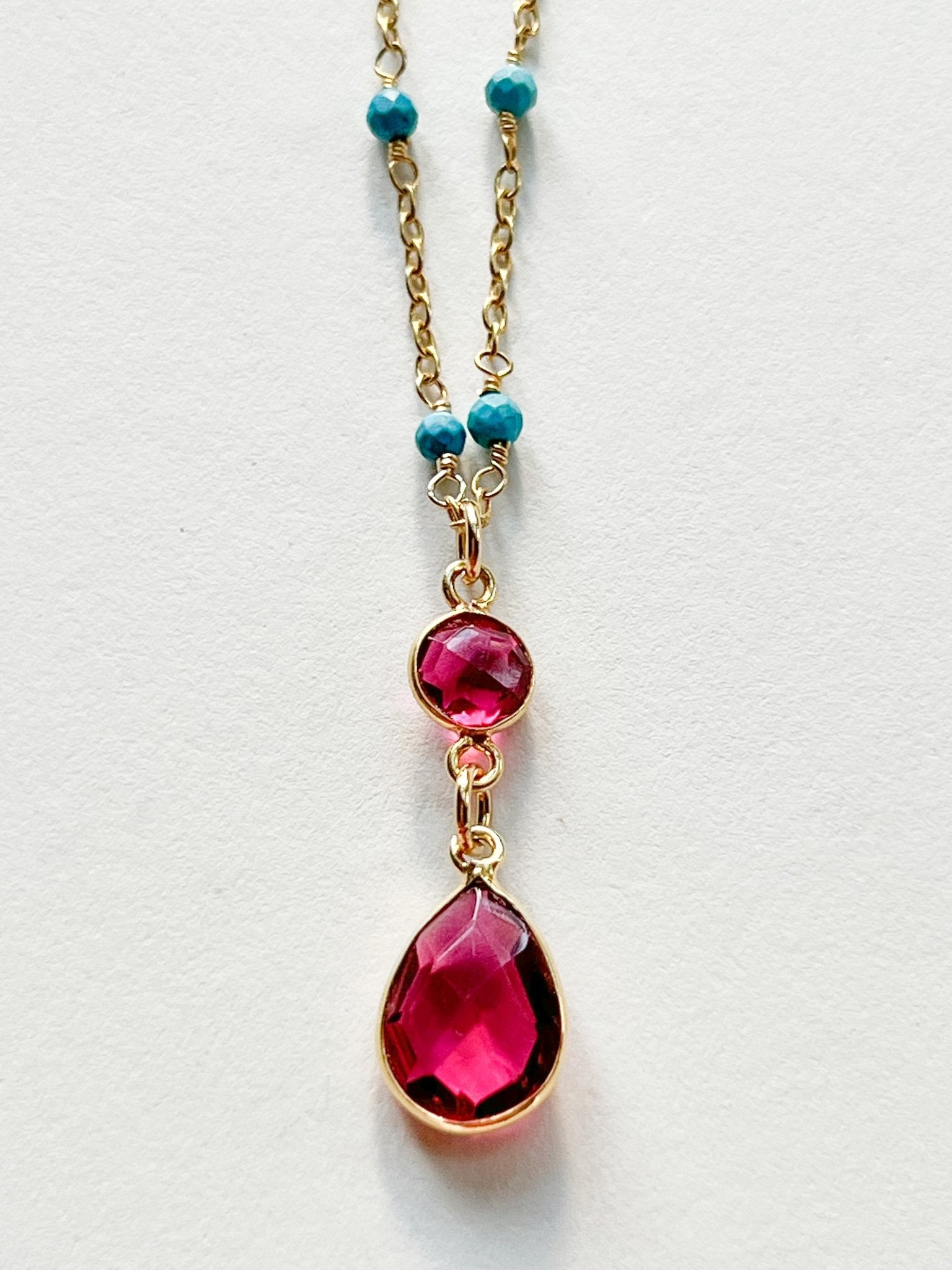 Pink Hydro Quartz Double Drop Pear Shaped Pendant Necklace on Gold Chain with Arizona Turquoise by Sage Machado - The Sage Lifestyle