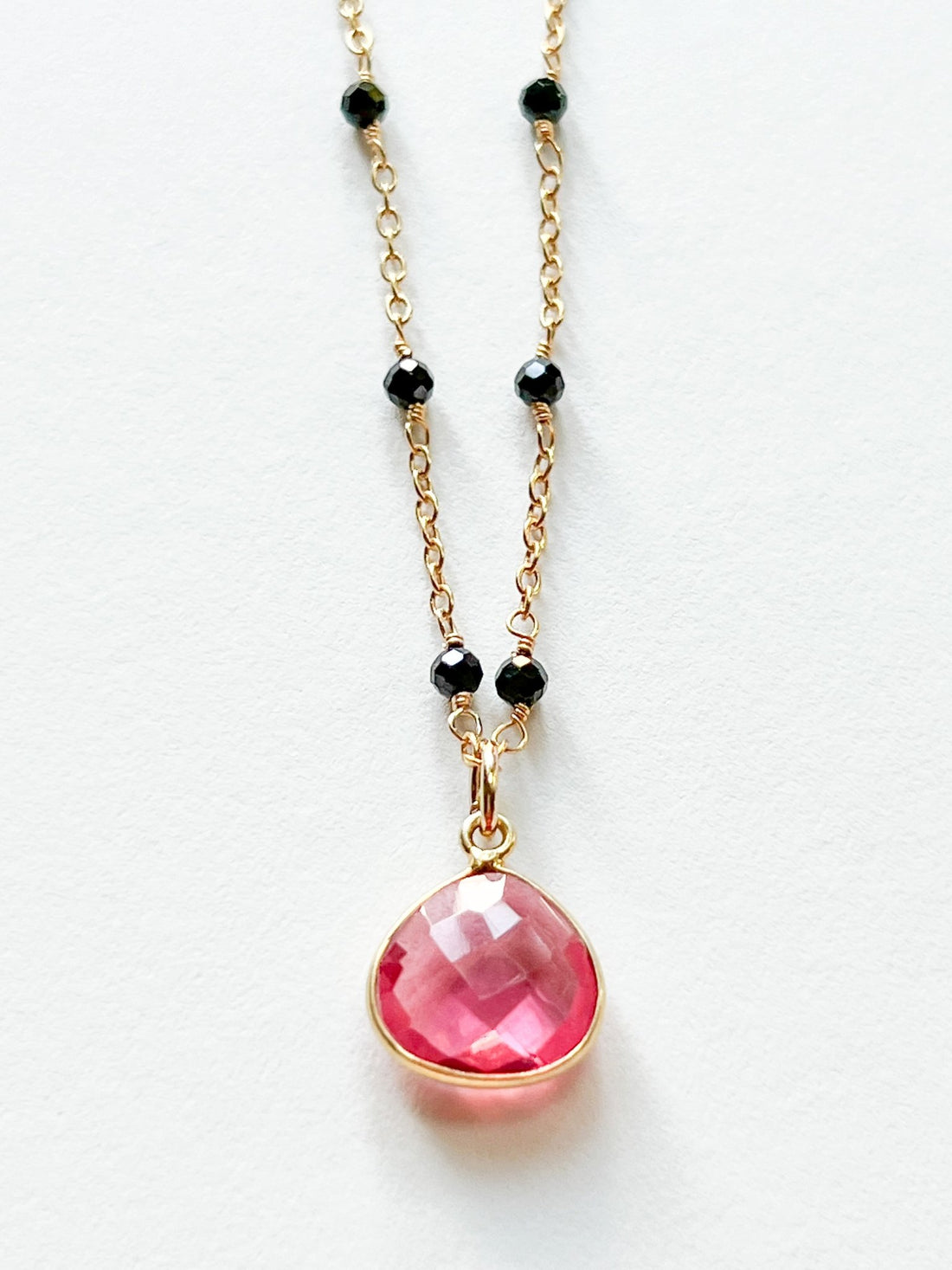 Pink Hydro Quartz Teardrop Charm Necklace on Gold Chain with Black Onyx by Sage Machado - The Sage Lifestyle