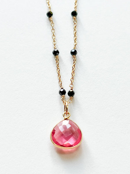 Pink Hydro Quartz Teardrop Charm Necklace on Gold Chain with Black Onyx by Sage Machado - The Sage Lifestyle