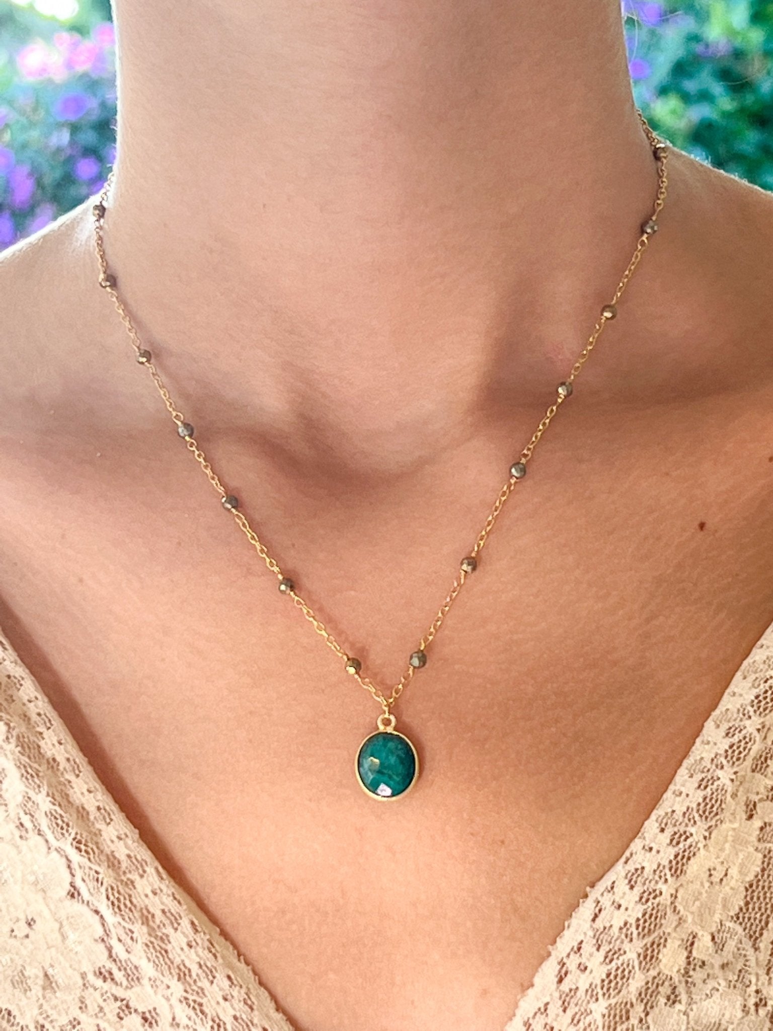 Raw Emerald Charm Drop Necklace on Gold Chain with Golden Pyrite by Sage Machado - The Sage Lifestyle